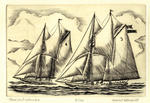 Elsie and Columbia drrypoint engraving renfered by Howie Hosenfeld who Marine Artist speciales in Scrimshaw and Scrimshaw copper plates,  drypoint engraving.